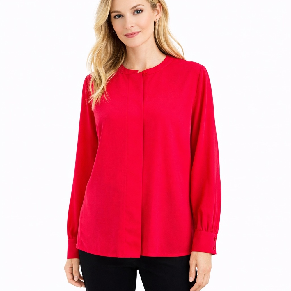 David Matthew Red Blouse Top Size 10 Long Sleeve Hidden Button Front Pleat Back